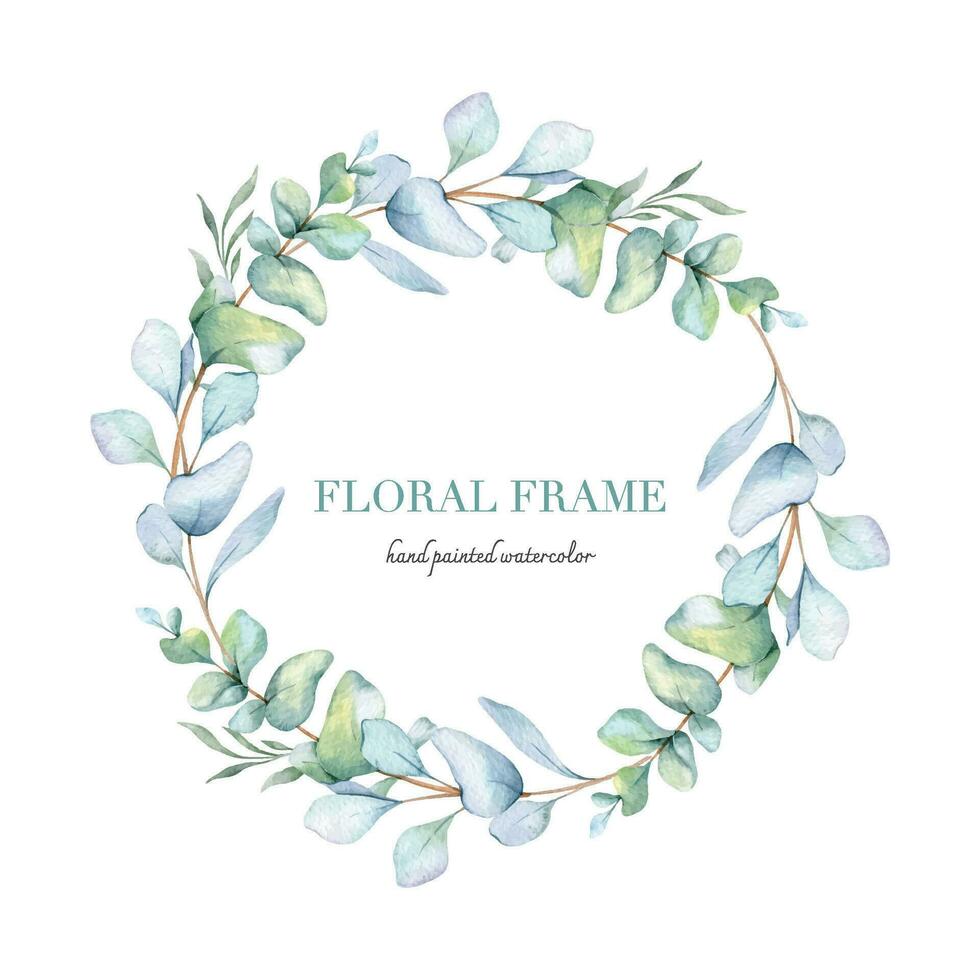 Eucalyptus Watercolor Frame. Eucalyptus Greenery Frame Hand Painted isolated on white background.  Perfect for wedding invitations, floral labels, bridal shower and  floral greeting cards vector