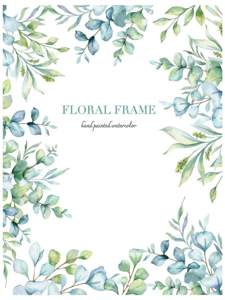 Eucalyptus Watercolor Frame. Eucalyptus Greenery Frame Hand Painted isolated on white background.  Perfect for wedding invitations, floral labels, bridal shower and  floral greeting cards vector