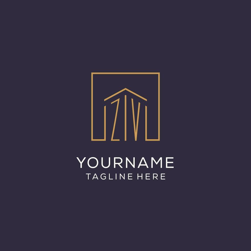 Initial ZV logo with square lines, luxury and elegant real estate logo design vector