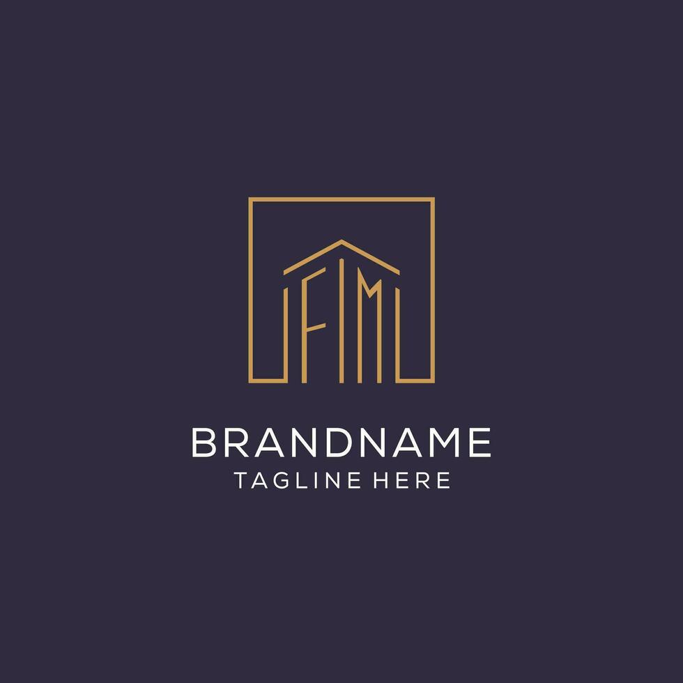 Initial FM logo with square lines, luxury and elegant real estate logo design vector