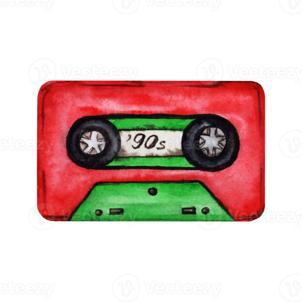 Red and green audio cassette tape. Hand drawn watercolor illustration on transparent background. Isolated design element from era 80s 90s technology. Nostalgic retro set of iconic objects from 1990s png