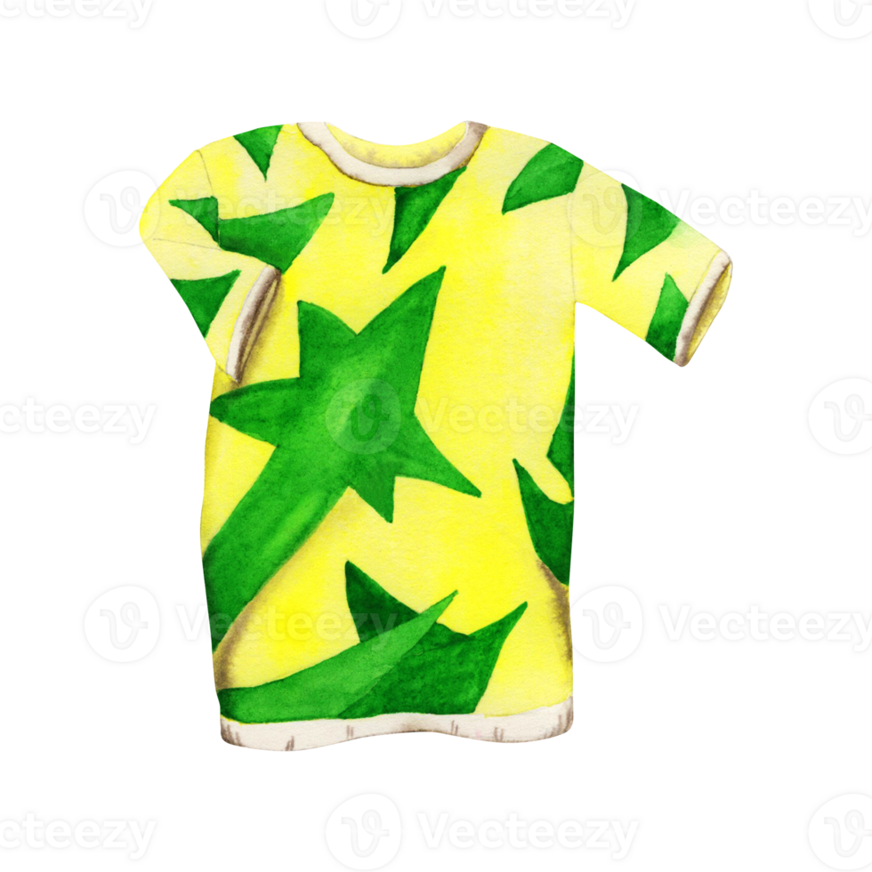 Yellow and Green T-Shirt in funky 90s style. Watercolor illustration isolated on transparent background. Part of 80s and 90s era set. Party invitations, cards, booklets, apparel and printing designs png