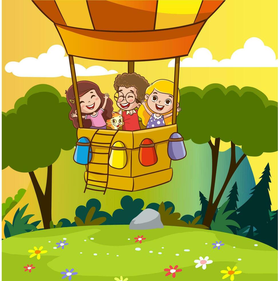 vector illustration of kids flying with air balloon