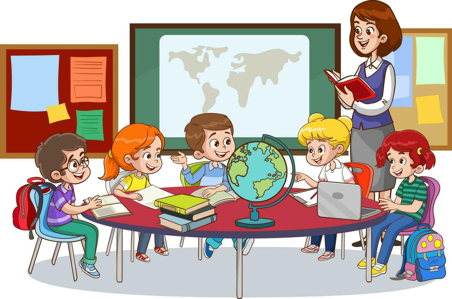 vector illustration of teacher and students teaching classroom.