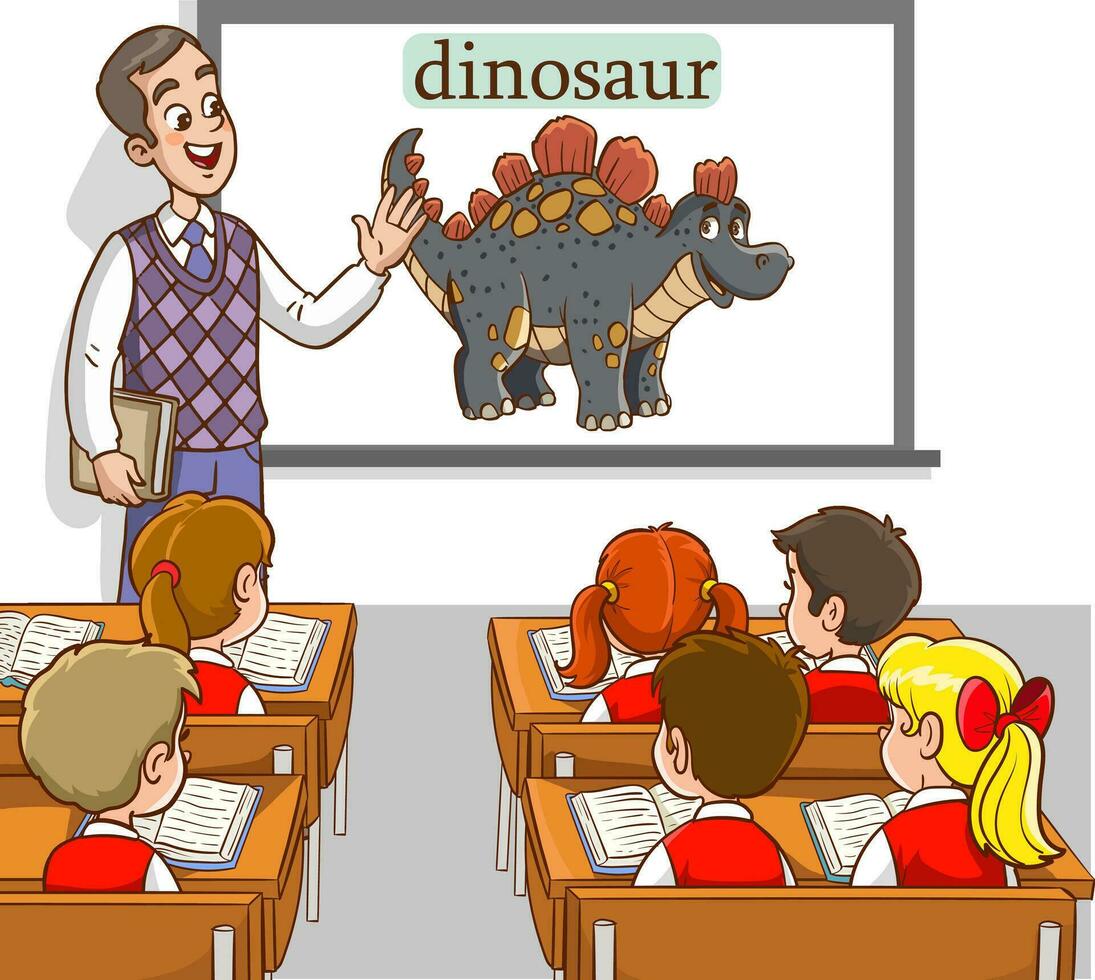 vector ilustración de profesor y estudiantes enseñando aula.enseñanza dinosaurios