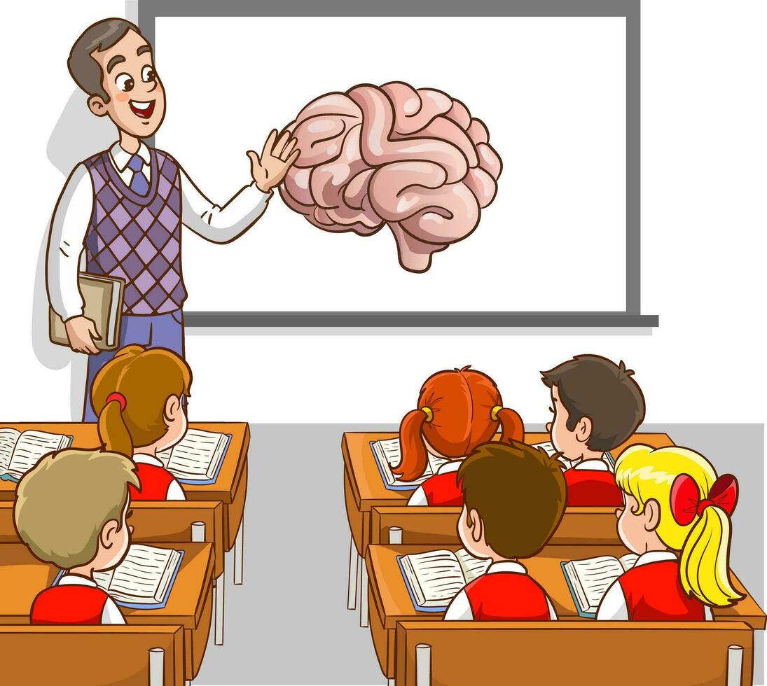 vector illustration of teacher and students teaching classroom.human organs teaching