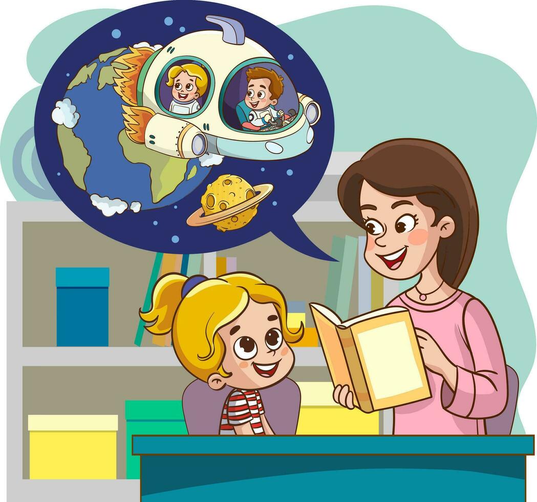 vector illustration of mother and daughter reading book