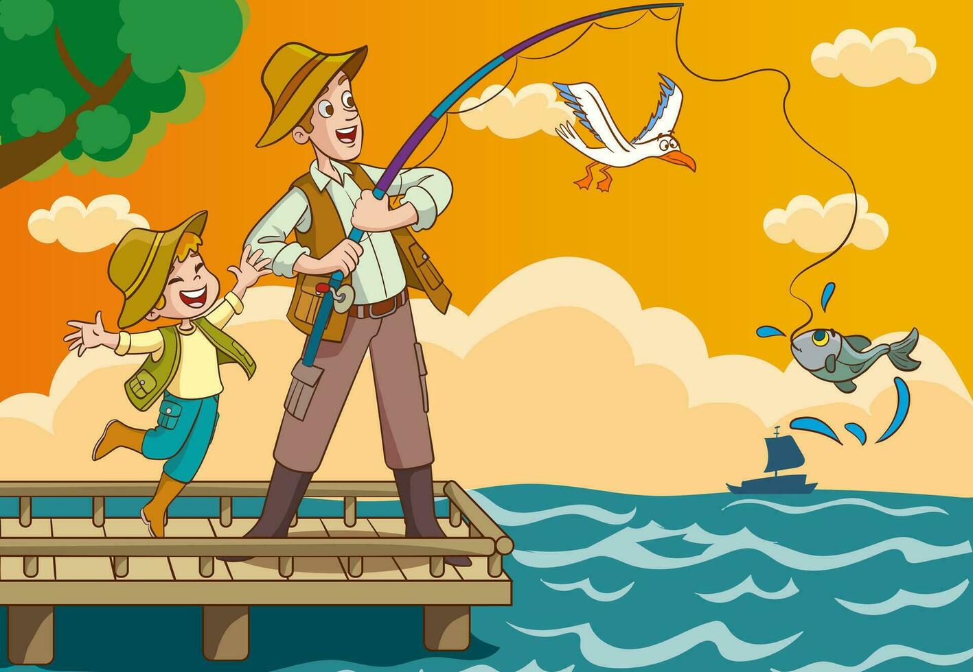 vector illustration of father and kids fishing 32042811 Vector Art at  Vecteezy