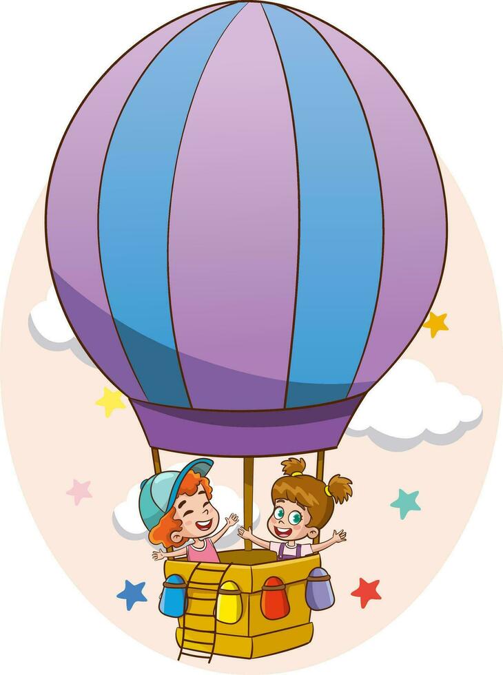 vector illustration of kids flying with air balloon