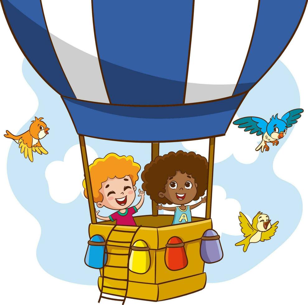 vector illustration of kids flying with air balloon