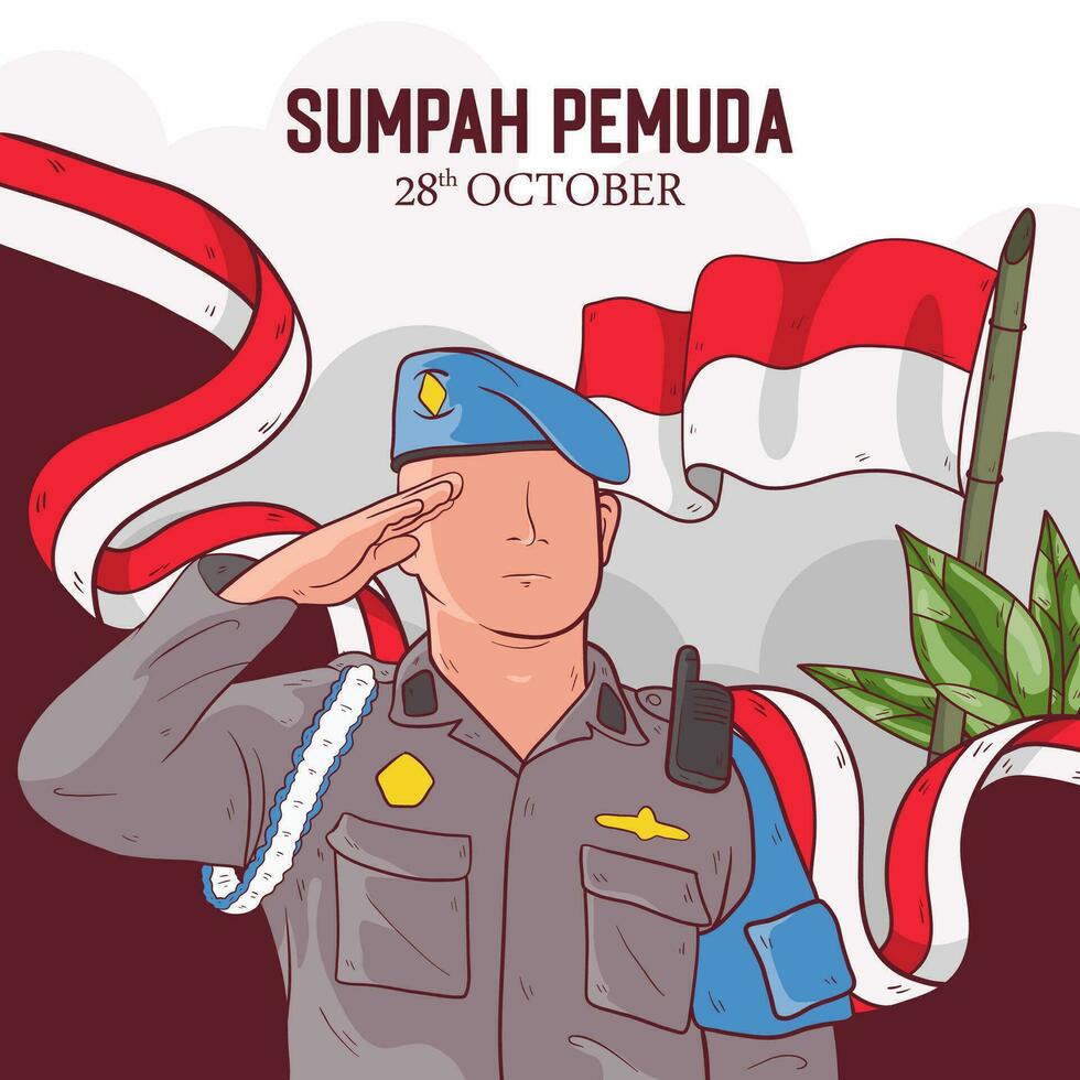 Vector Hand drawn illustration for indonesian sumpah pemuda. Illustration of police being respectful