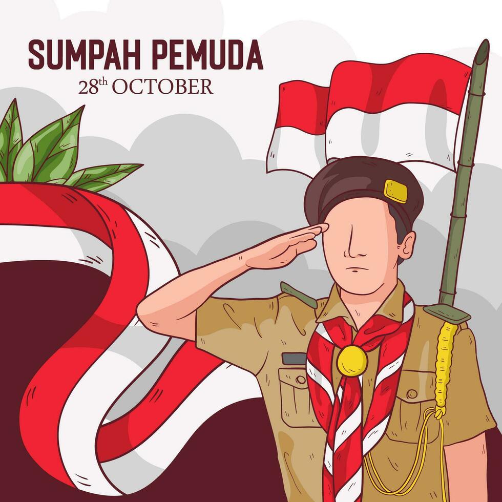 Vector Hand drawn illustration for indonesian sumpah pemuda. Illustration of a scout being respectful