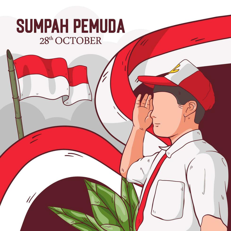 Vector Hand drawn illustration for indonesian sumpah pemuda. Illustration of elementary school children being respectful
