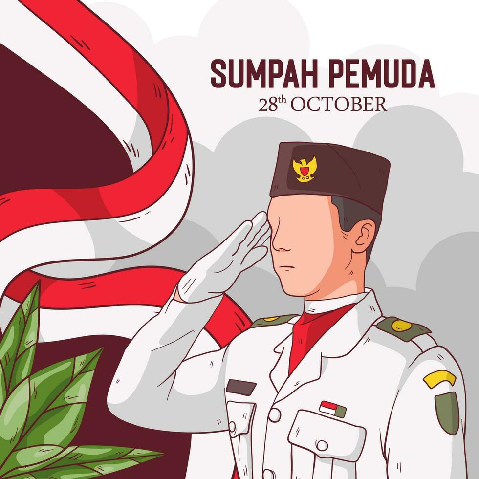 Vector Hand drawn illustration for indonesian sumpah pemuda. Illustration of flag raisers being respectful