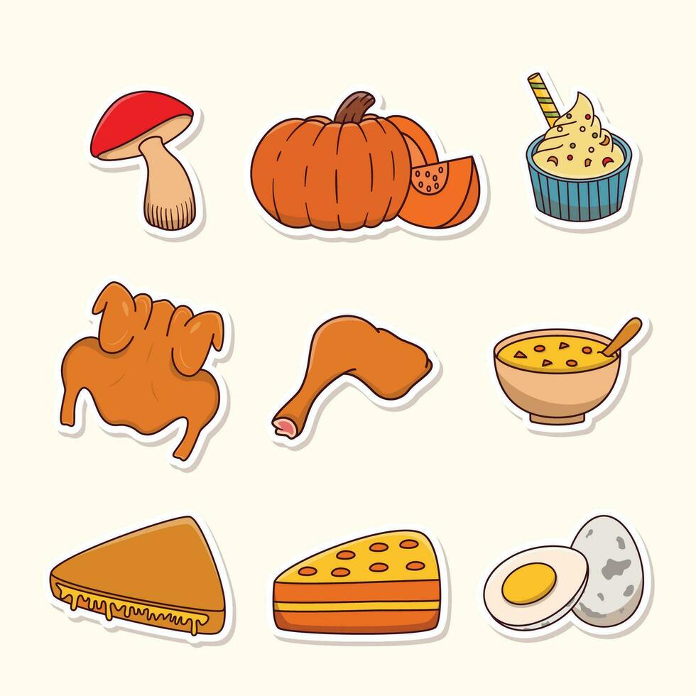 Thanksgiving Sticker Collection, mushroom, pumpkin, meat, soup, Thanksgiving element vector