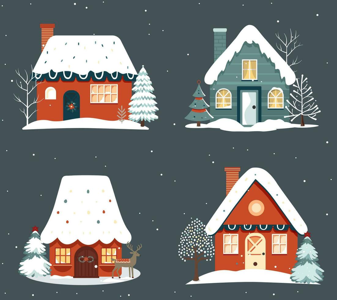 Set of hand drawn houses. Cute christmas houses in cartoon style. Scandi christmas illustration. vector