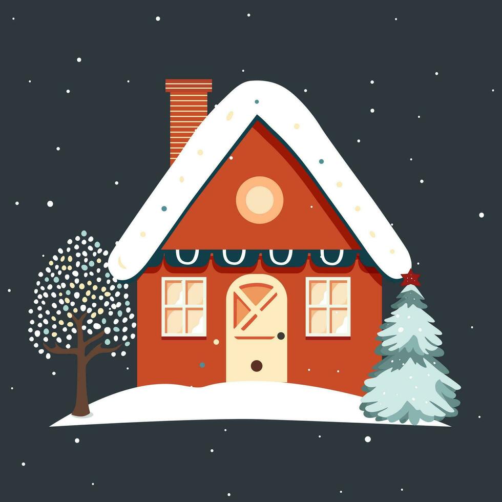 Fairy scandi winter home. Christmas scandinavian house and trees. Trendy childish vector house. Christmas card