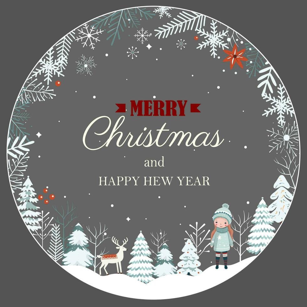 Christmas card, frame with snowflakes, trees. New year, Merry Chrisrmas template. Winter concept in scandi style. vector