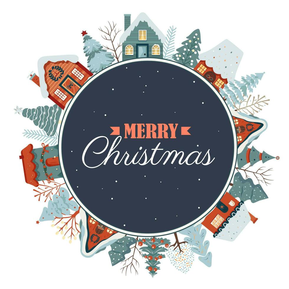 Navidad tarjeta, marco con scandi casas, arboles invierno concepto. nuevo año ornamento póster vector