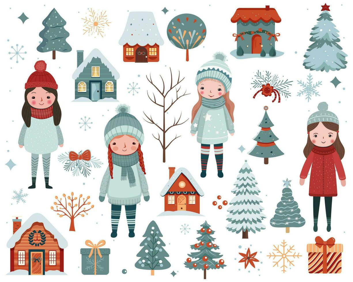 linda chicas, árboles, casas scandi Navidad colocar. mano dibujado Navidad elementos. invierno vector ilustración.