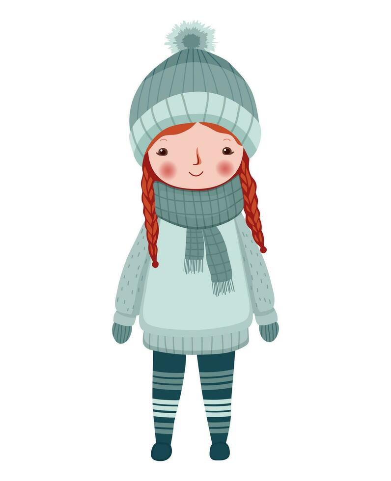 linda gracioso niña en invierno ropa. mano dibujado niña en hada cuento escandinavo estilo. vector