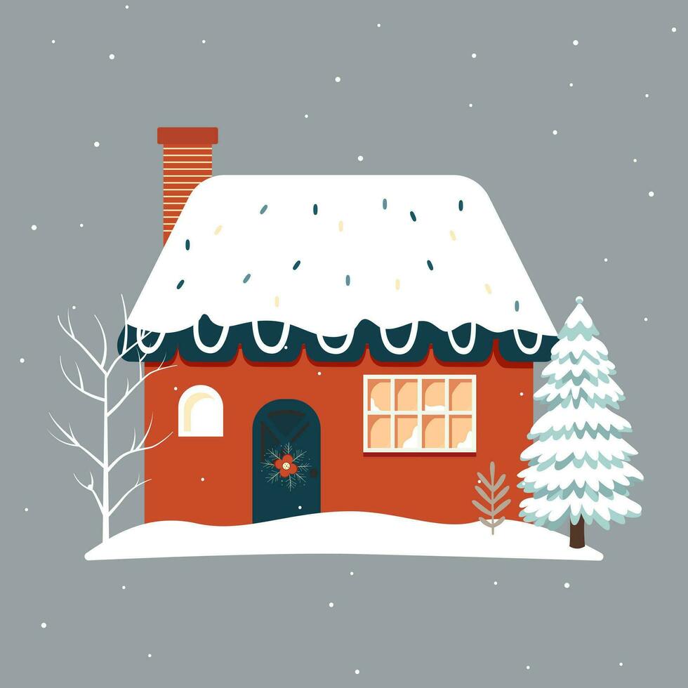 Christmas scandinavian house and trees. Cute scandi winter home. Trendy childish vector house. Christmas card