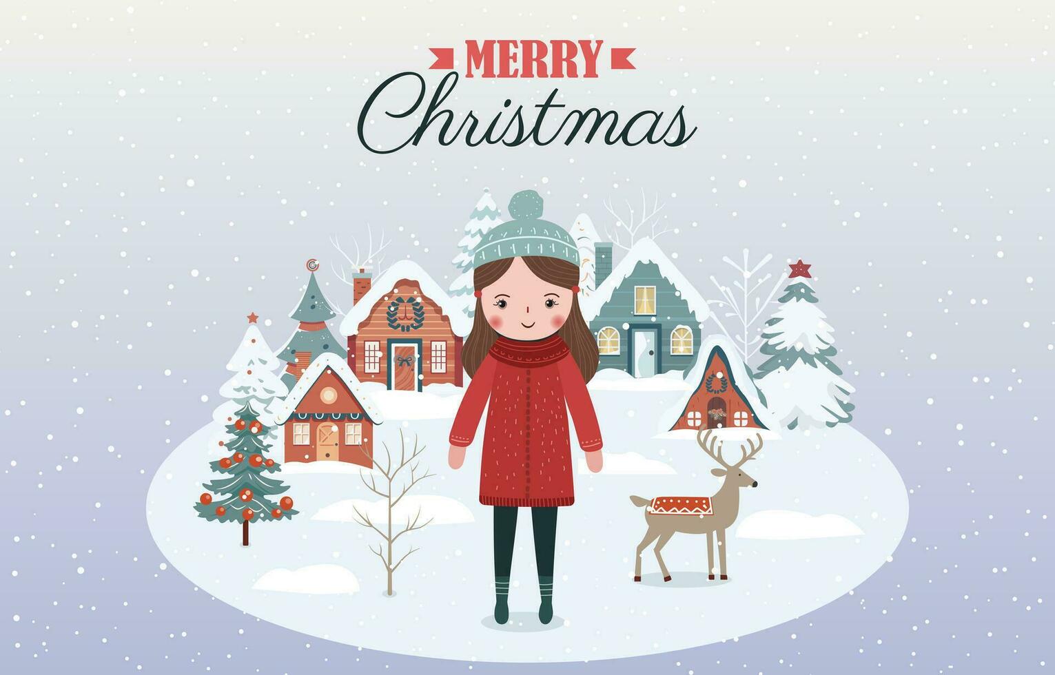 mano dibujado invierno bandera con chica, Nevado árboles, casas Navidad diseño, fondo, póster. invernal escenas vector