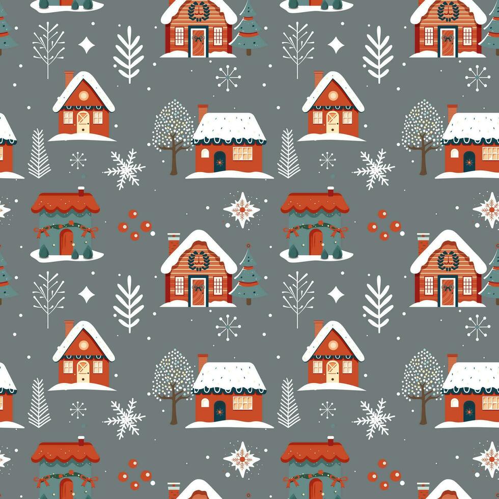 Winter seamless pattern with houses and snowy trees. Christmas vector pattern. Winter background.