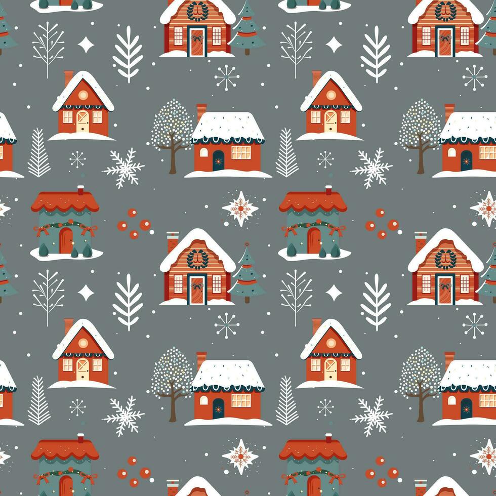 Winter seamless pattern with houses and snowy trees. Christmas vector pattern. Winter background.