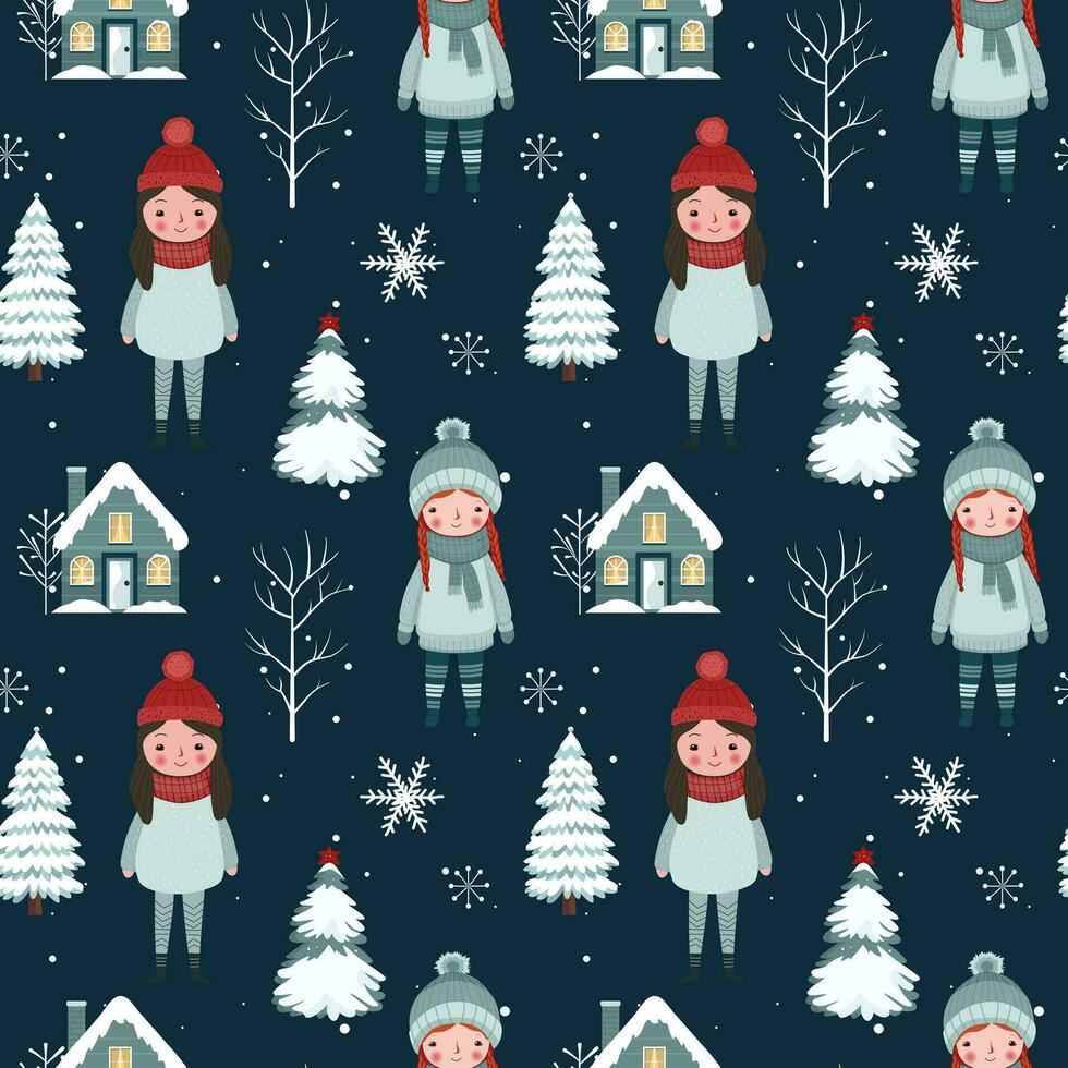 Winter seamless pattern with girls, house, snowy trees. Christmas vector pattern. Winter background design.