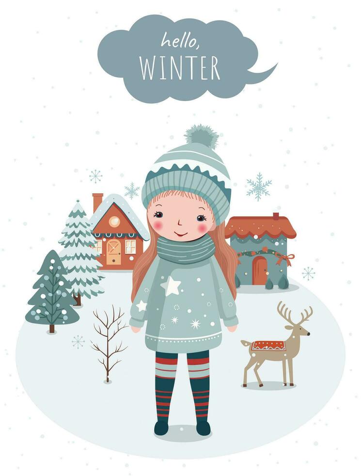 Hand drawn winter poster with girl, snowy trees, house. Wnter christmas card for event invitation, voucher, social media. Wintry scenes. vector