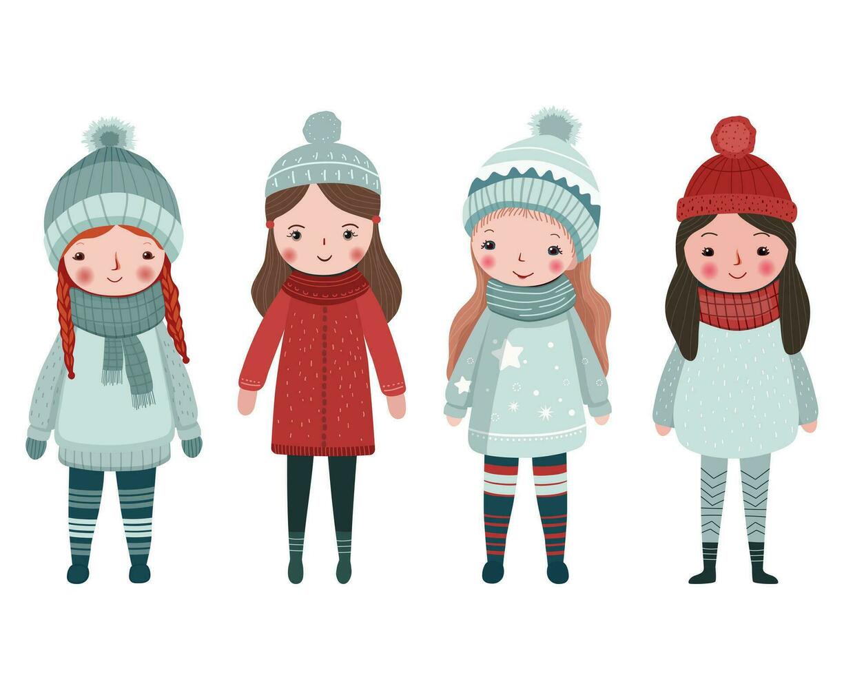 conjunto de gracioso muchachas en invierno. mano dibujado muchachas en hada cuento scandi estilo. invierno ropa. vector