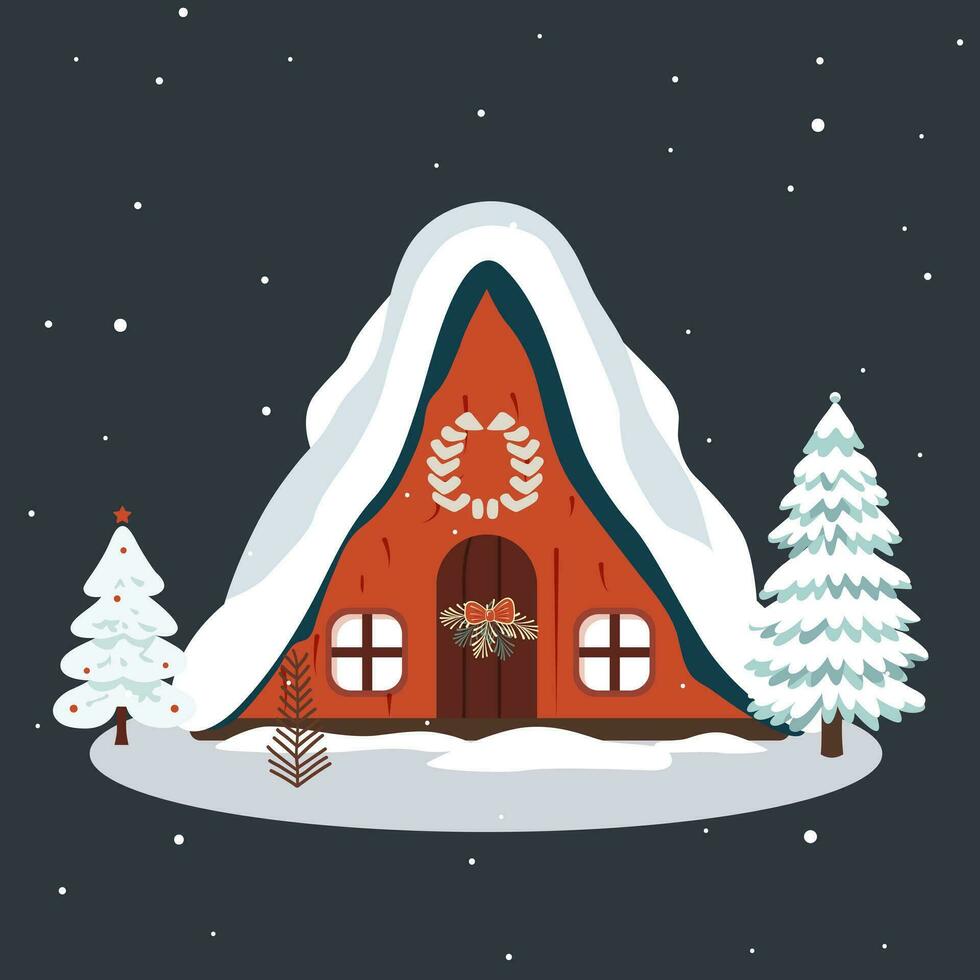 Christmas scandinavian house and trees. Cute scandi winter home. Trendy childish vector house. Christmas card