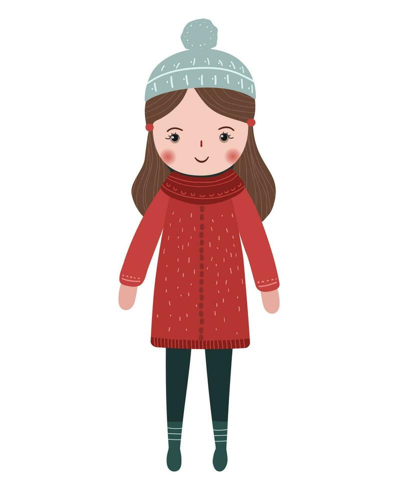 Cute girl in winter clothes. Hand drawn girl in fairy tale scandinavian style. vector