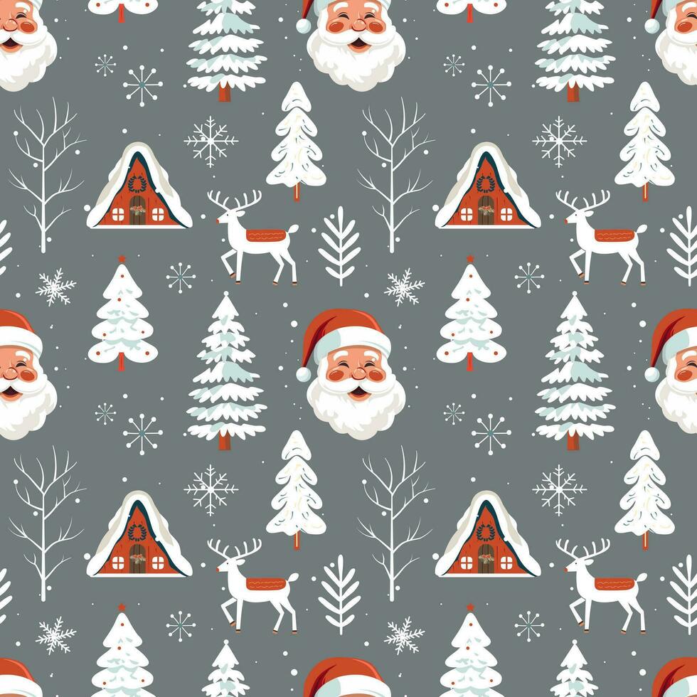 Winter seamless pattern with houses and snowy trees. Christmas vector pattern. Winter background.