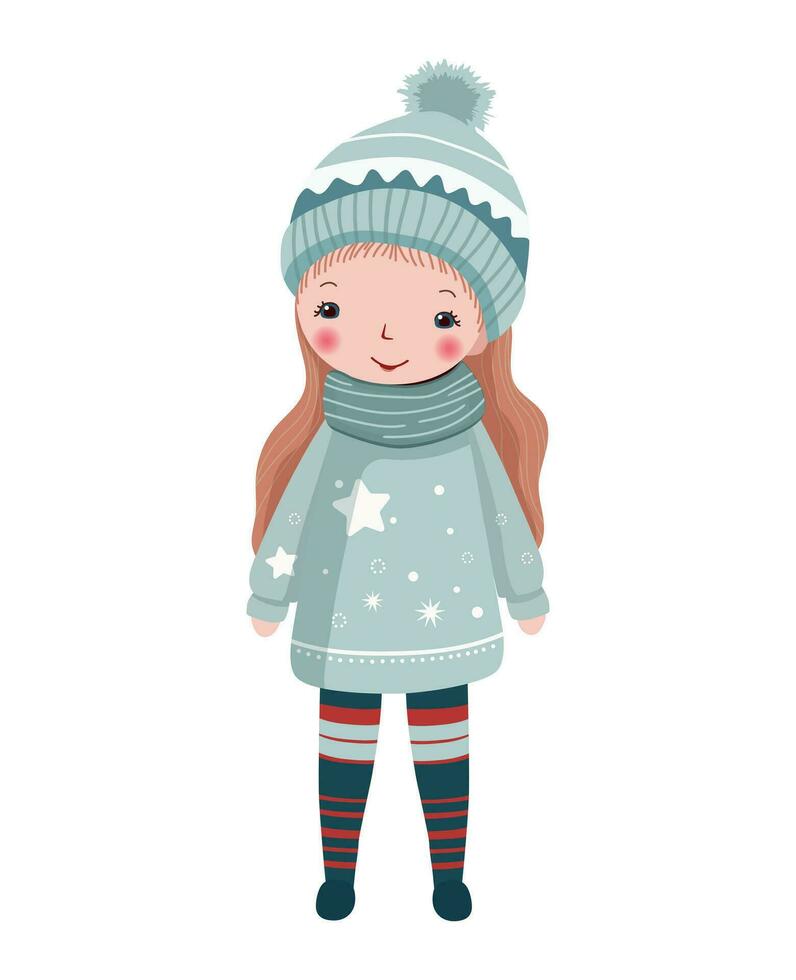 Cute girl in winter clothes. Hand drawn girl in fairy tale scandinavian style. vector