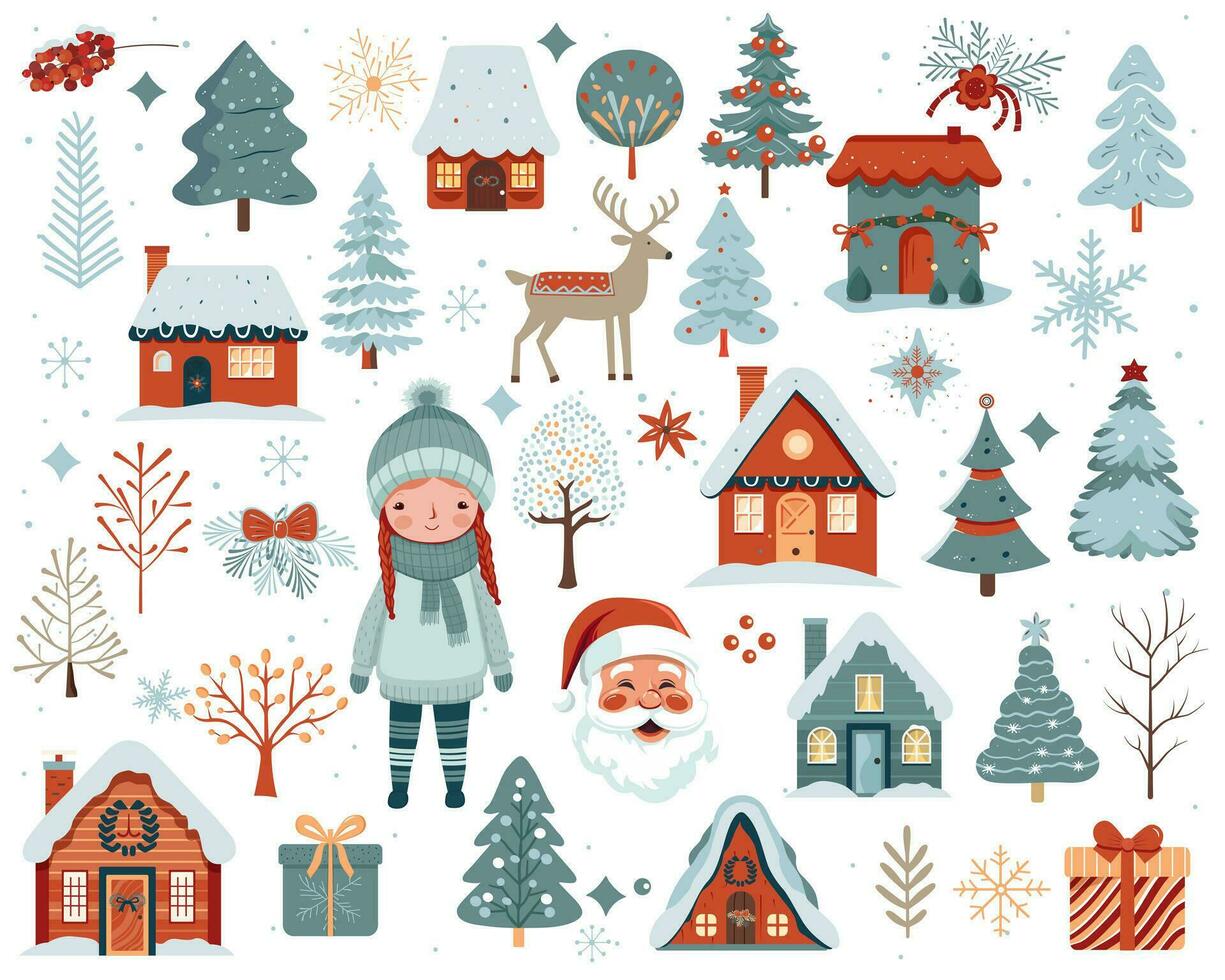 Scandi christmas illustration, cute houses, girl, trees, deer, santa claus. Big set of hand drawn christmas elements. vector