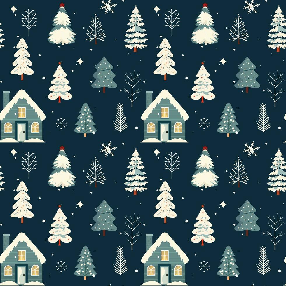 Winter seamless pattern with scandinavian house and snowy trees. Christmas vector pattern. Winter background.