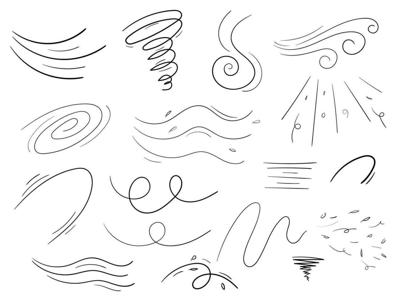 Hand drawn wind doodle line shape set. Air wind flow, spiral, curve vector