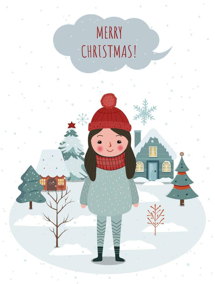 Hand drawn winter poster with cute girl, trees, house. Winter christmas illustration. Wintry scenes. vector