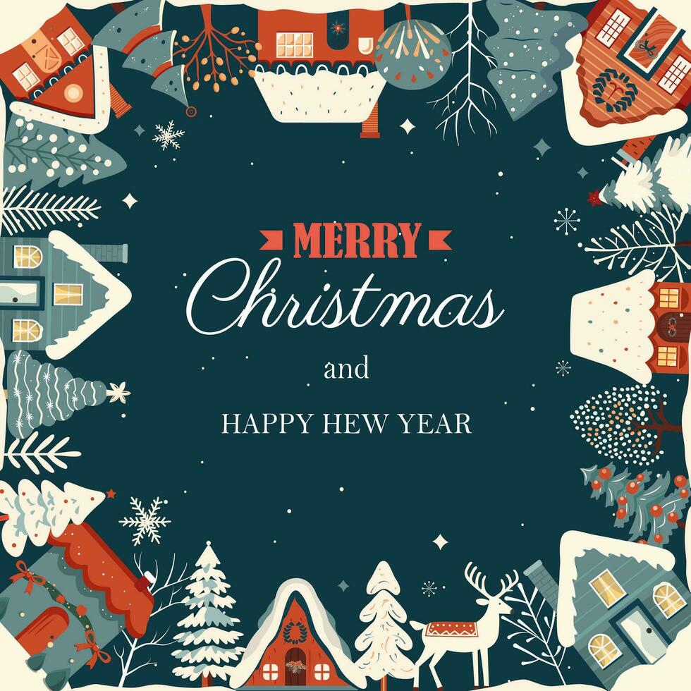 Square winter card, Christmas frame with text, scandi houses, snowy trees. New Year, winter ornament, poster vector