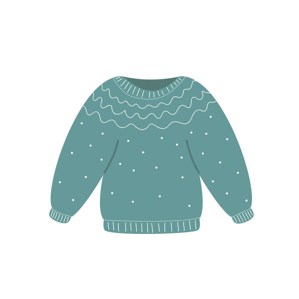 Knitted warm clothes. Knitwear garment. Warm blue pullover in modern style. Flat vector illustration isolated on white background
