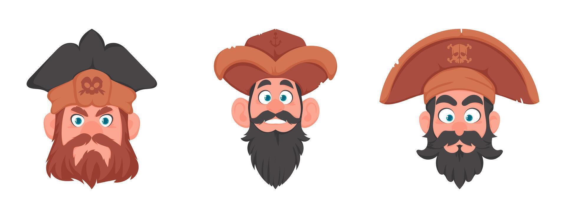 conjunto de varios caras de piratas y ladrones. dibujos animados estilo vector