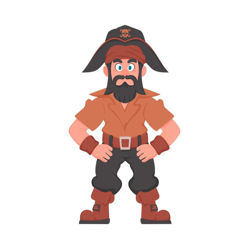 Funny and strict man pirate. Guy in a pirate costume. Cartoon style vector