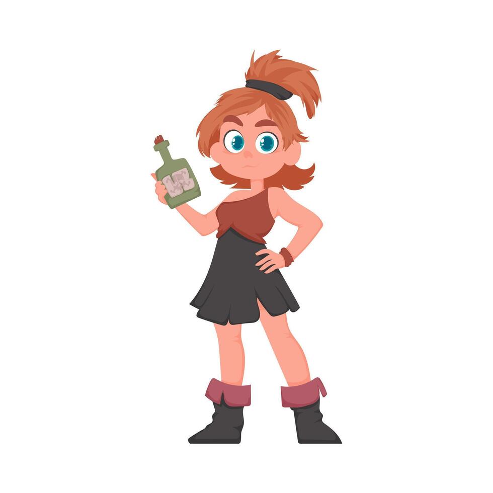 A cartoon girl holding a bottle of alcohol vector