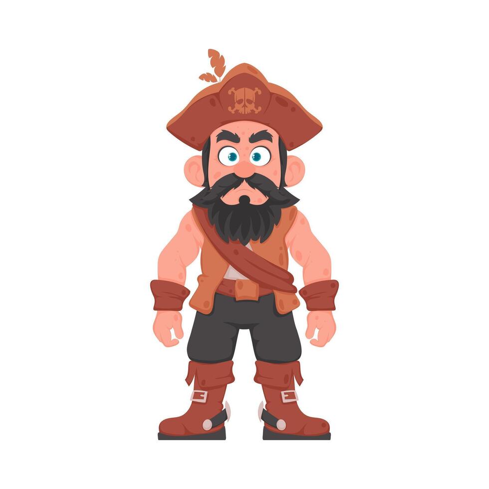 Funny and strict man pirate. Guy in a pirate costume. Cartoon style vector