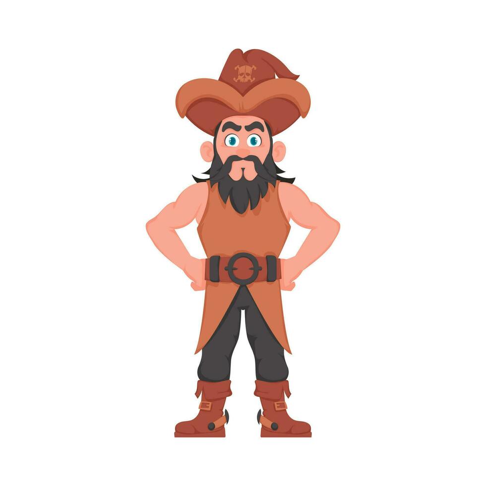 gracioso y estricto hombre pirata. chico en un pirata traje. dibujos animados estilo vector