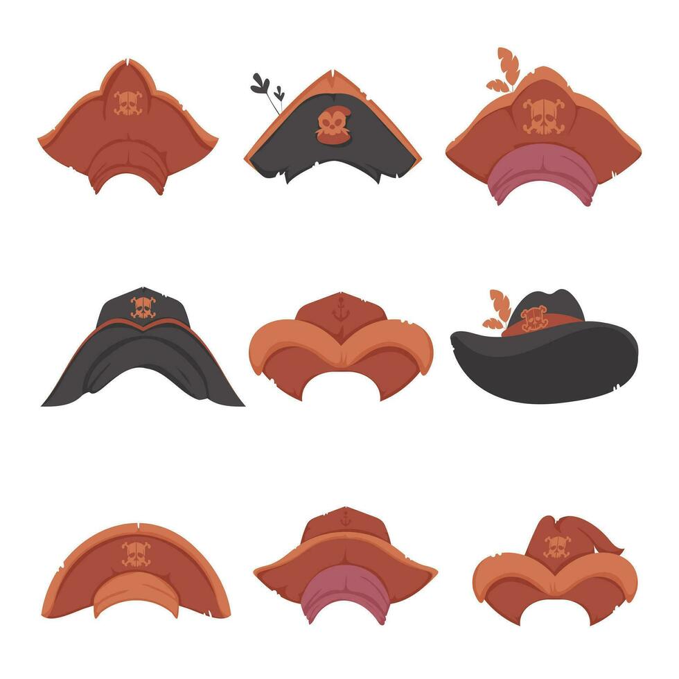 Large Set of Various Old Pirate Hats. Cartoon style vector