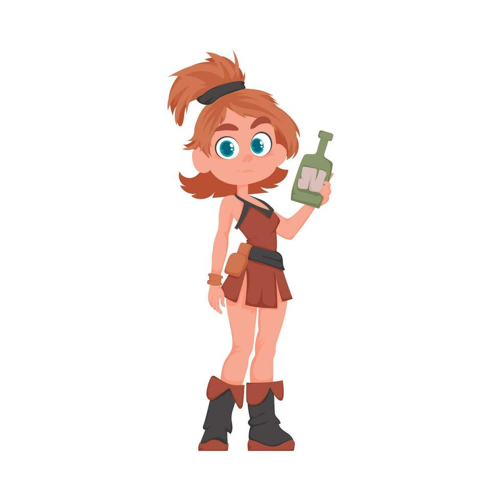 Funny and cute female pirate holding a bottle of rum. Cartoon style vector