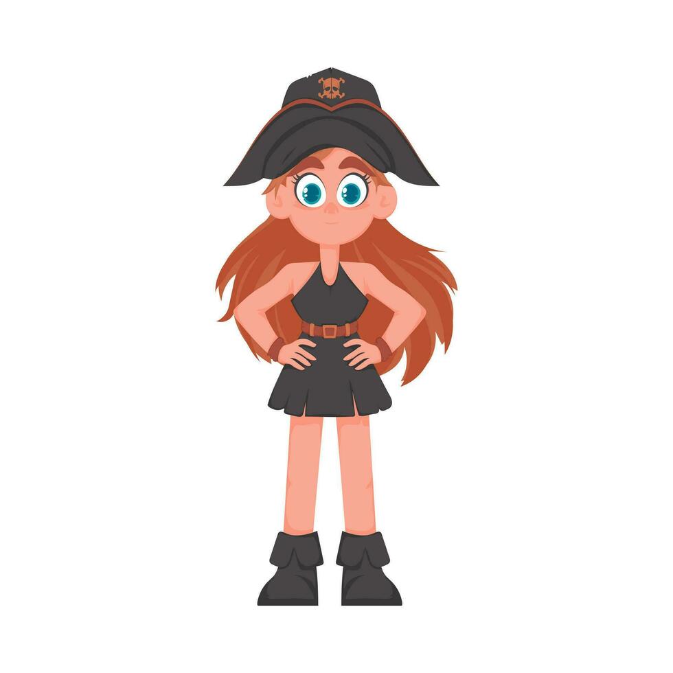 Funny and cute female pirate. Girl in a pirate costume. Cartoon style vector
